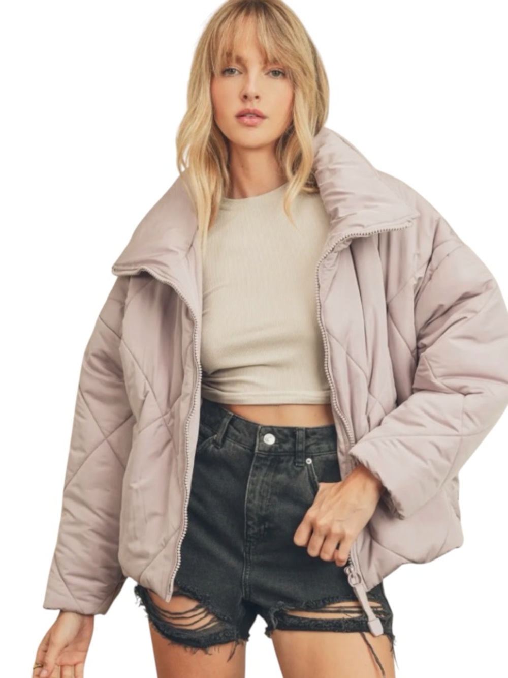 Dress Forum Los Angeles Soft Lilac Pink Quilted Cinch Waist Puffer Jacket (S)